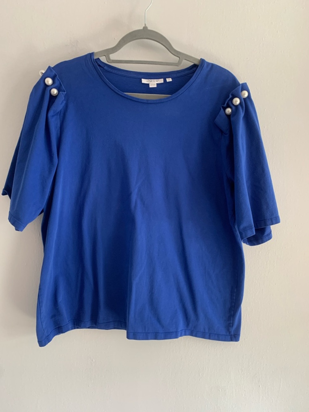 CHICOS Cobalt Blue Short Sleeve Top with Pearl Shoulder Accents